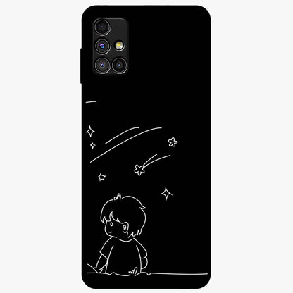 Line Art Boy With Shooting Stars Glass Case showing flat back view with minimal line art boy and shooting stars illustration and glossy glass finish.