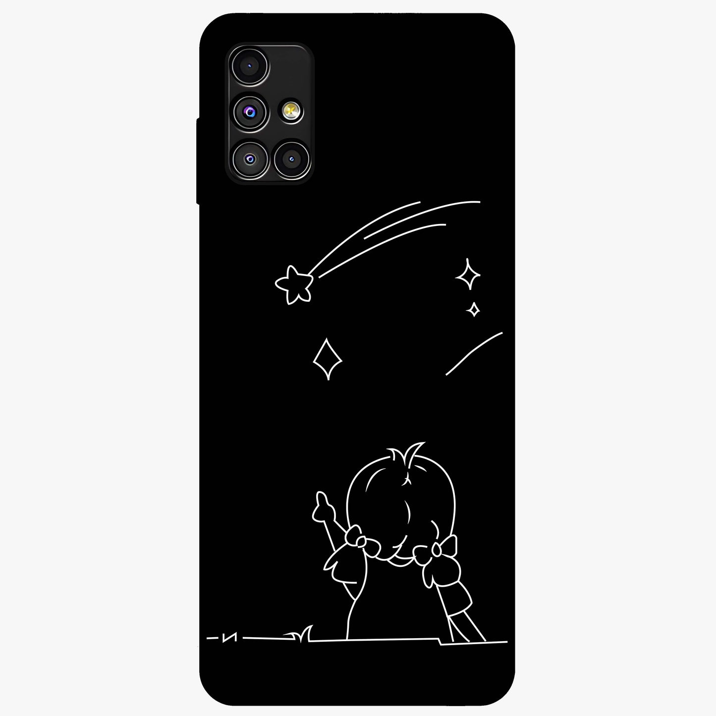 Line Art Girl With Shooting Stars Glass Case showing flat back view with minimal line art girl and shooting stars illustration and glossy glass finish.
