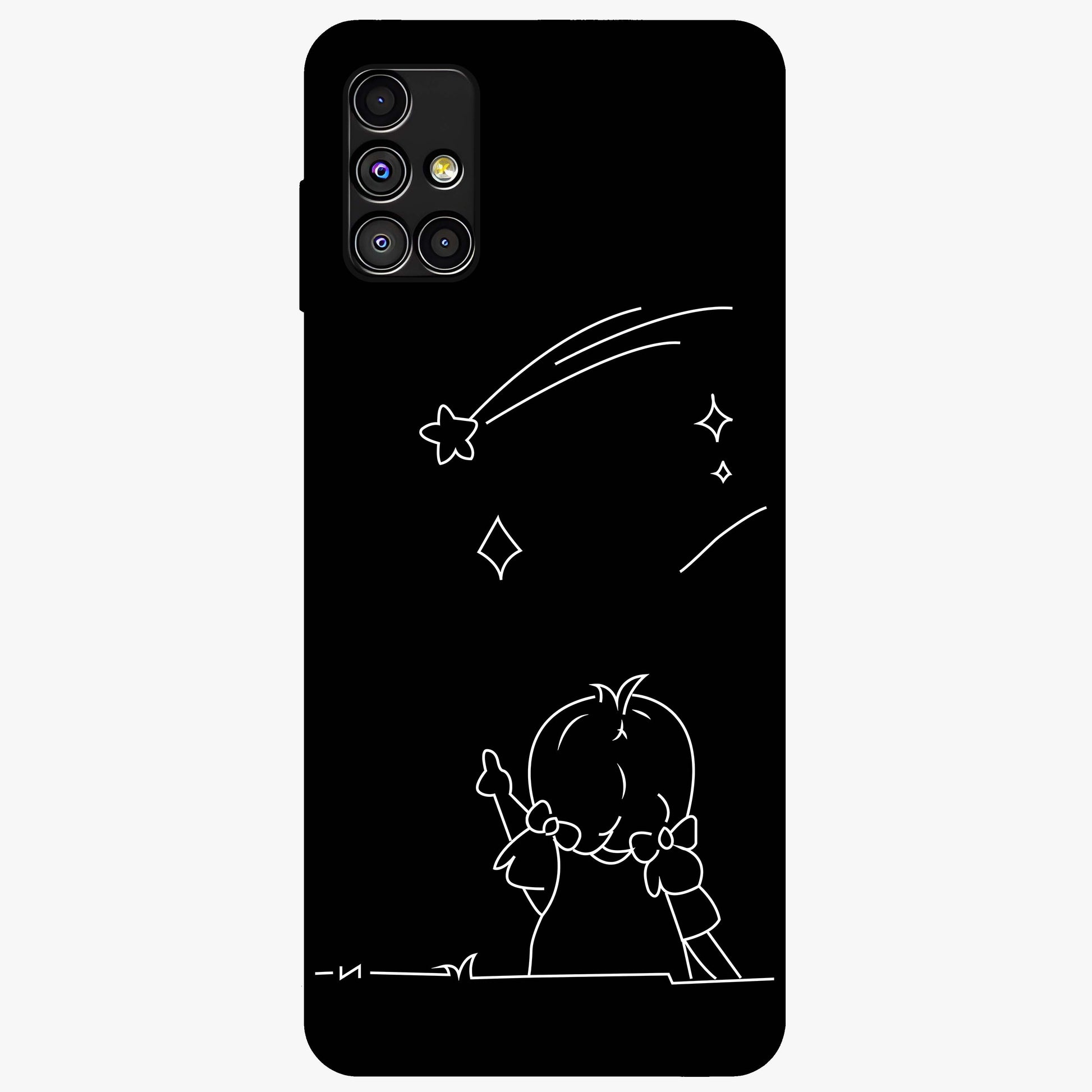 Line Art Girl With Shooting Stars Glass Case showing flat back view with minimal line art girl and shooting stars illustration and glossy glass finish.