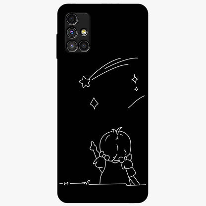 Line Art Girl With Shooting Stars Glass Case showing flat back view with minimal line art girl and shooting stars illustration and glossy glass finish.