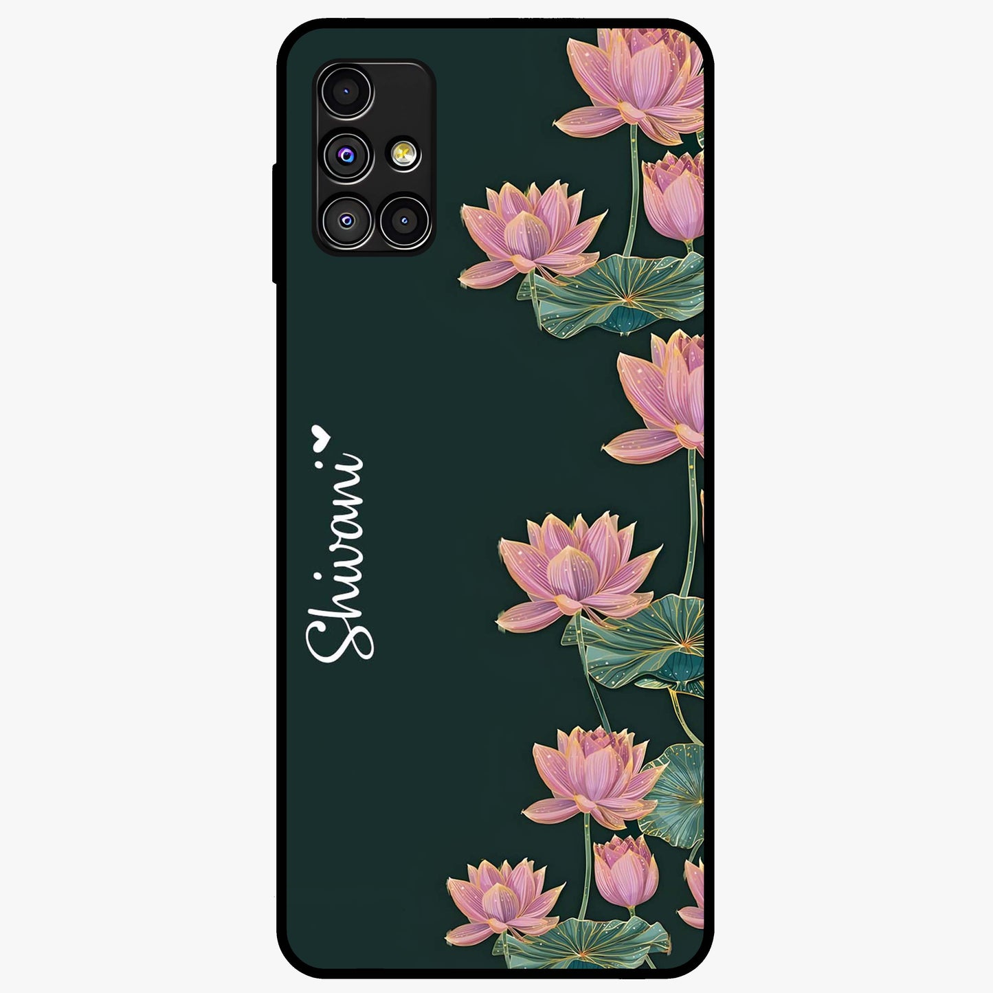 Lotus Bloom Serenity Custom Name Glass Case showing flat back view with elegant lotus flower artwork and personalized name design.