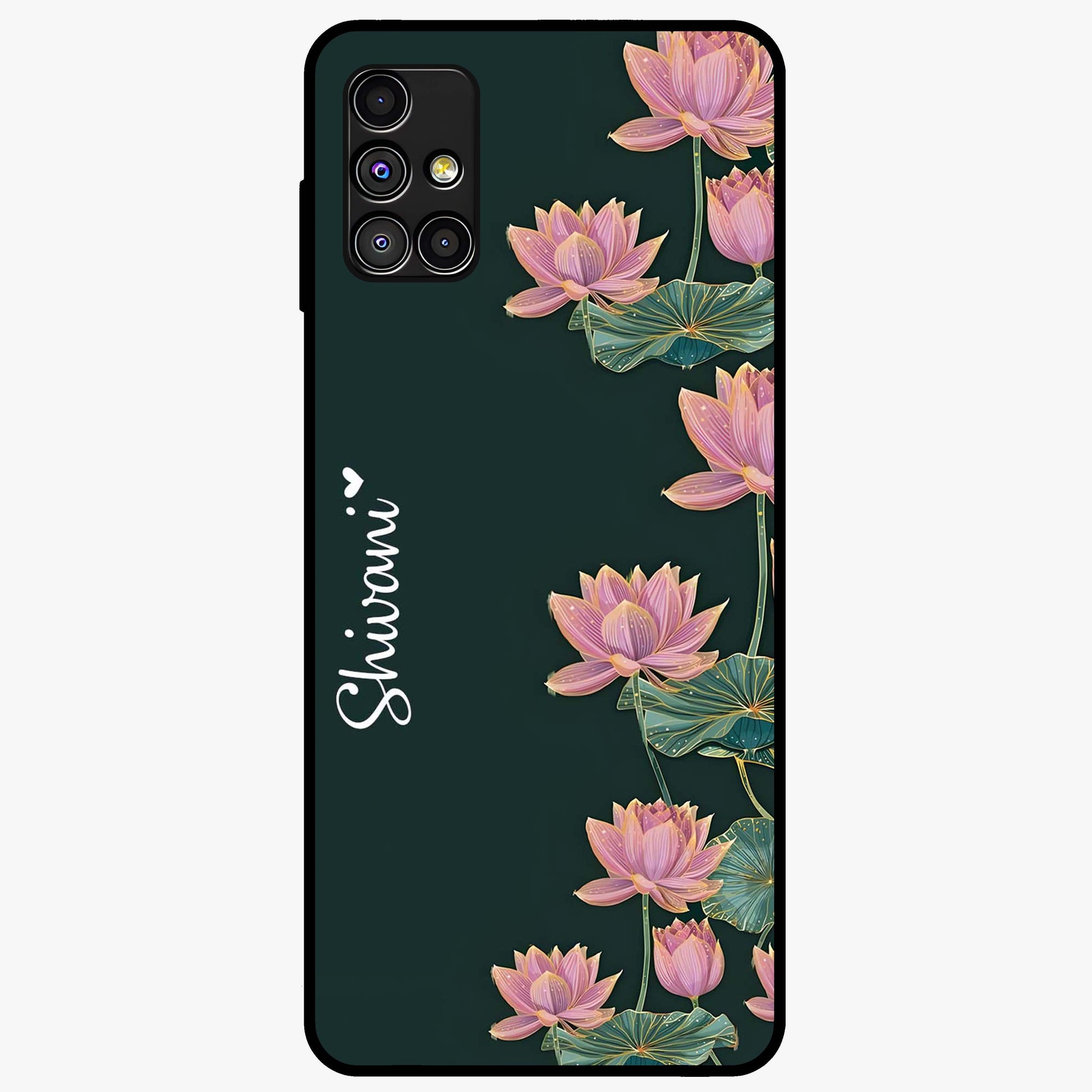 Lotus Bloom Serenity Custom Name Glass Case showing flat back view with elegant lotus flower artwork and personalized name design.