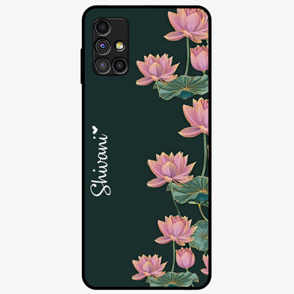 Lotus Bloom Serenity Custom Name Glass Case showing flat back view with elegant lotus flower artwork and personalized name design.