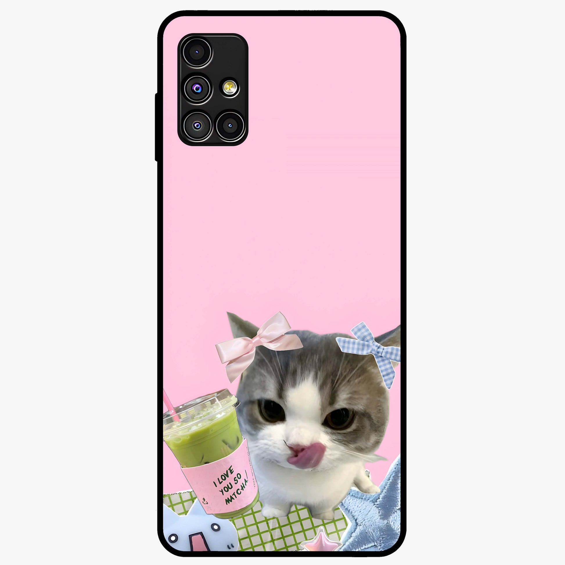 Love Matcha Cat Glass Case showing flat back view with cute cat and matcha themed artwork and glossy glass finish.