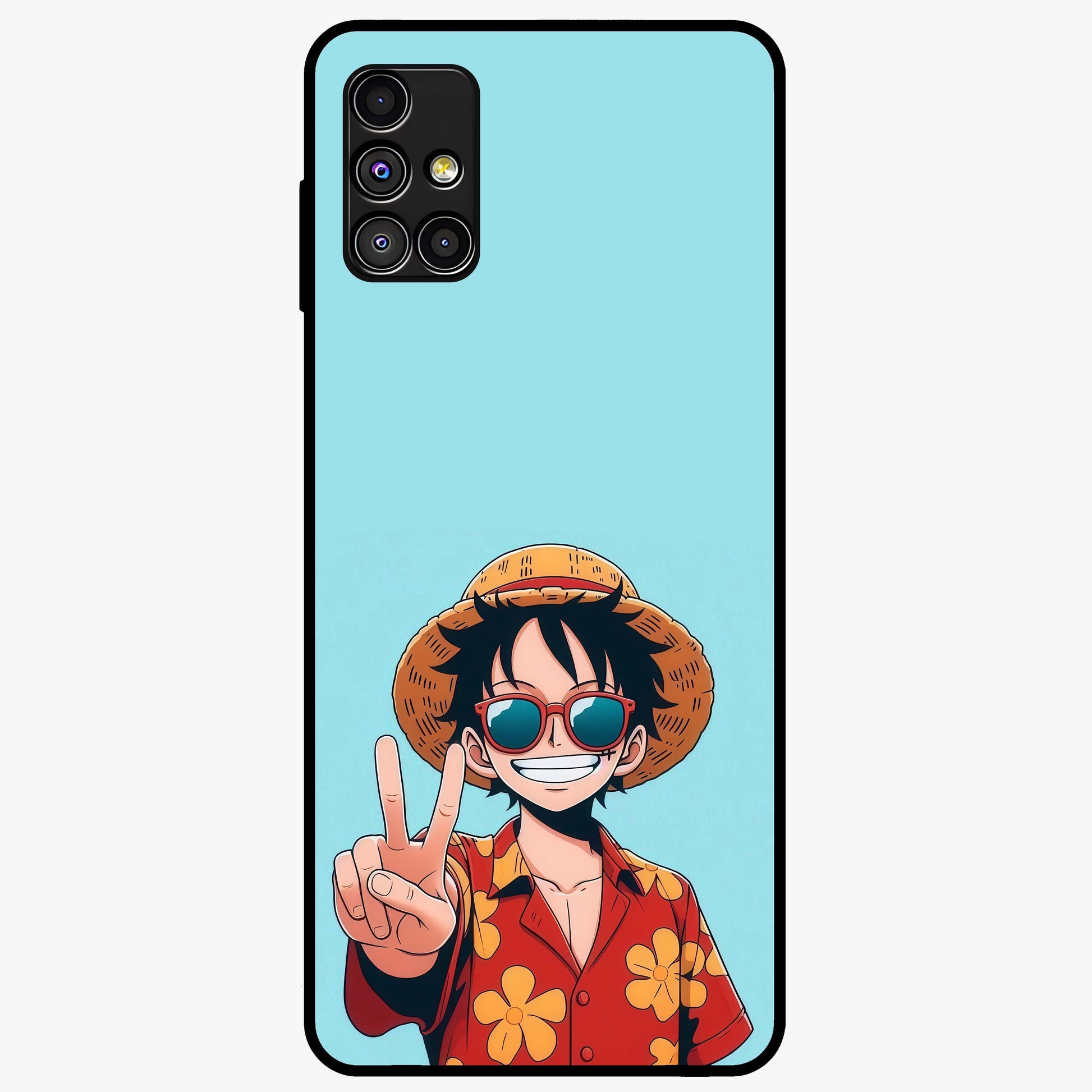 Luffy Summer Anime Vibe Glass Case showing flat back view with vibrant anime character artwork and glossy glass finish.