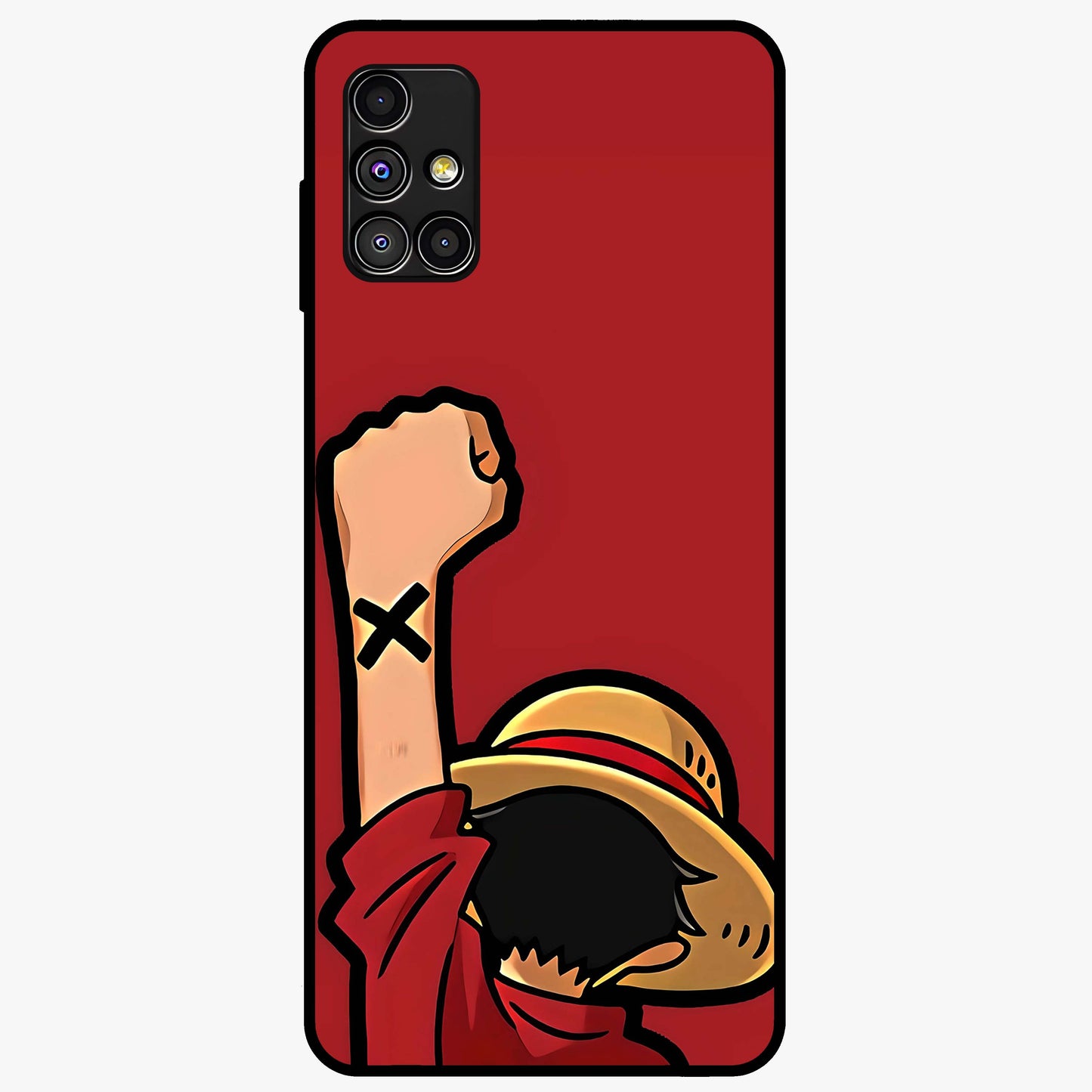 Luffy X Spirit Glass Case showing flat back view with bold anime character artwork and glossy glass finish.