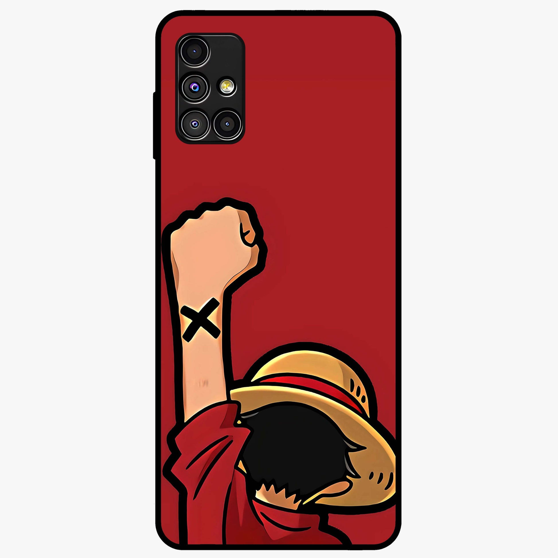 Luffy X Spirit Glass Case showing flat back view with bold anime character artwork and glossy glass finish.
