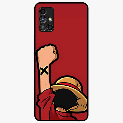 Luffy X Spirit Glass Case showing flat back view with bold anime character artwork and glossy glass finish.