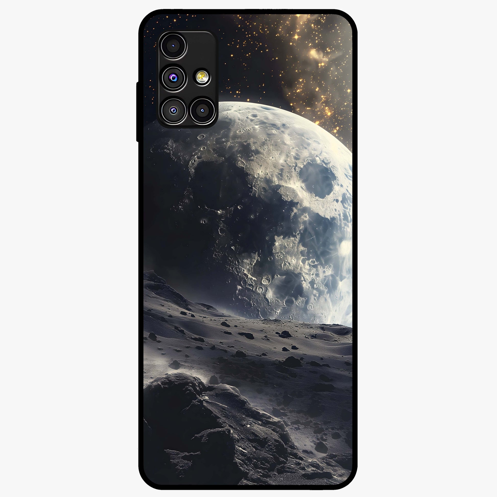 Lunar Horizon Glow Glass Case showing flat back view with glowing moon horizon artwork and glossy glass finish.