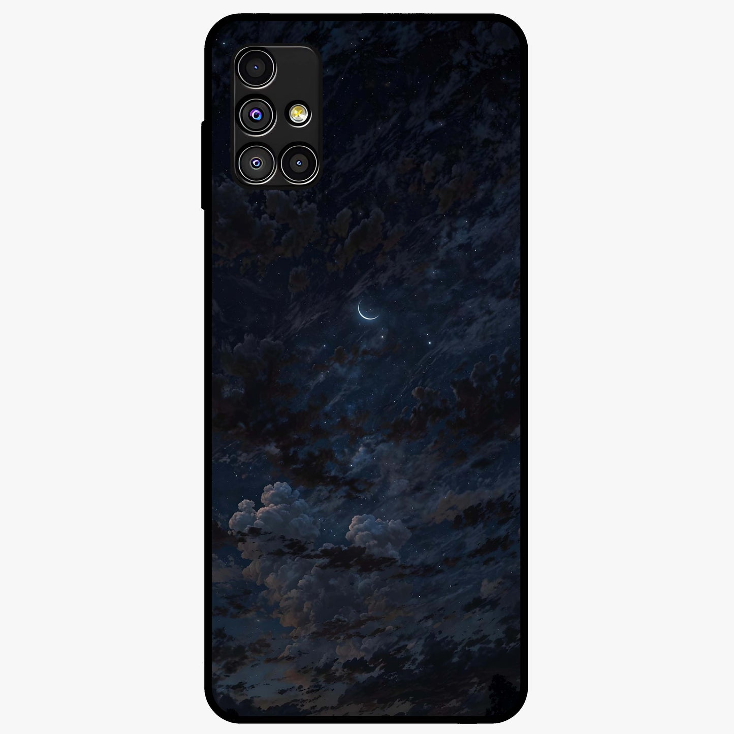 Lunar Veil Silence Glass Case showing flat back view with mystical moon veil artwork and glossy glass finish.