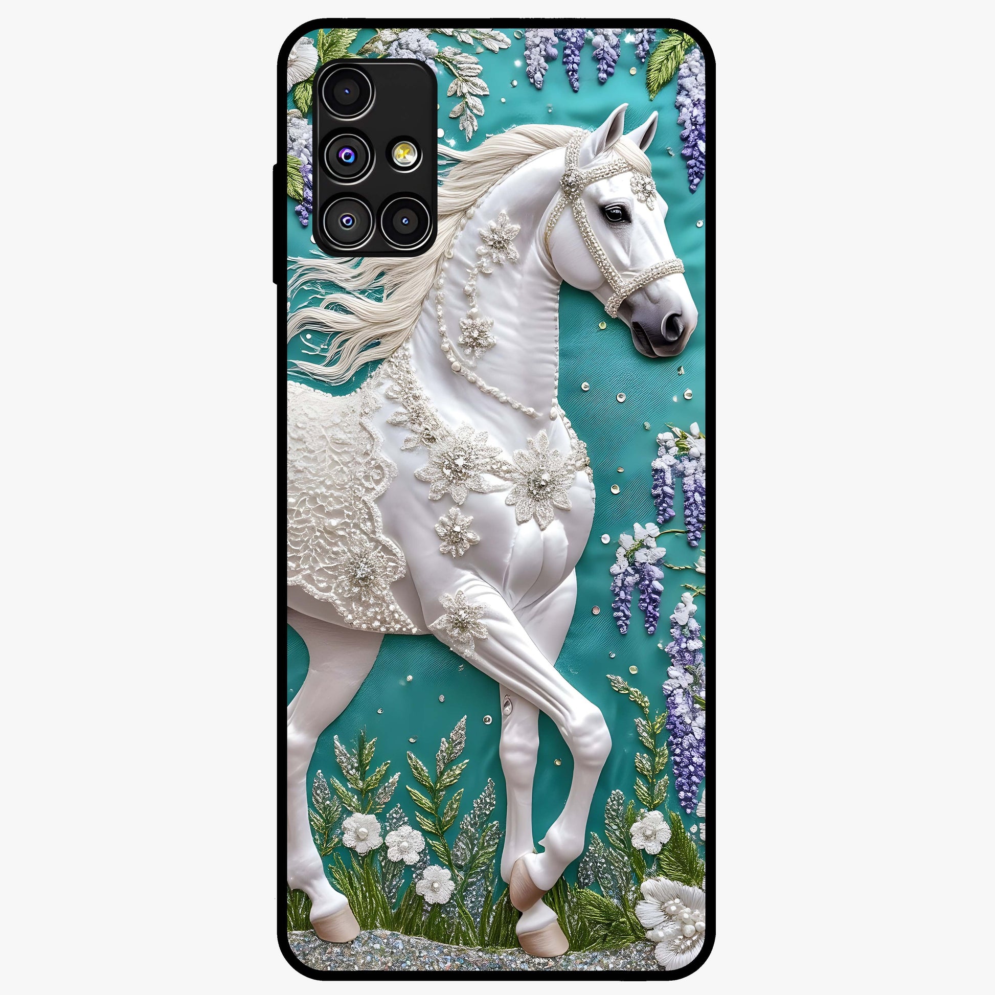 Majestic Floral Stallion Glass Case showing flat back view with powerful horse and floral artwork and glossy glass finish.