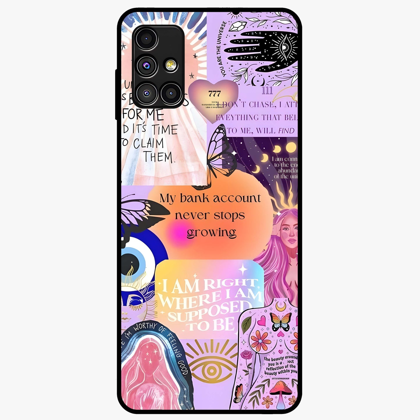 Manifestation Collage Glass Case showing flat back view with motivational collage artwork and glossy glass finish.
