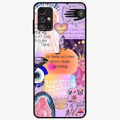 Manifestation Collage Glass Case showing flat back view with motivational collage artwork and glossy glass finish.