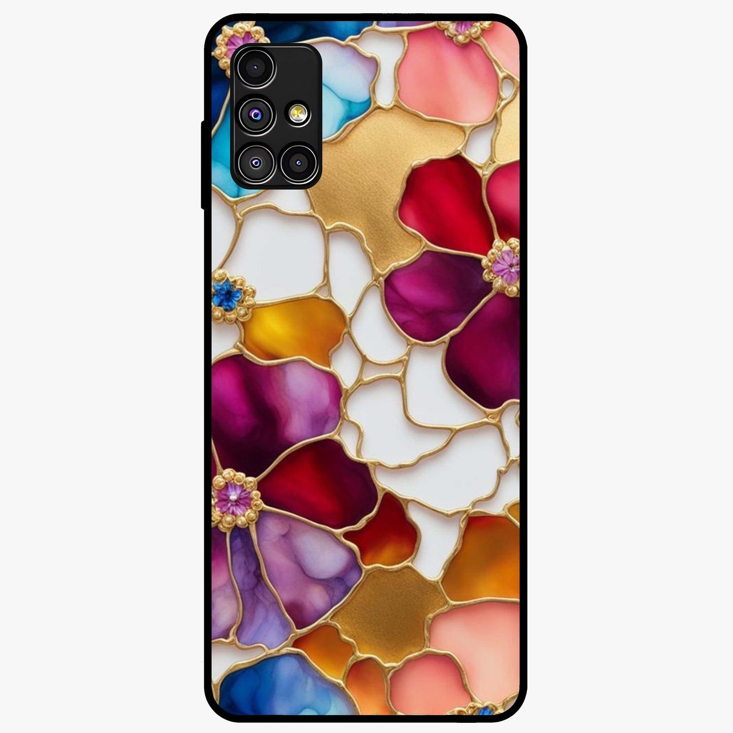 Marble Flower Pattern Glass Case showing flat back view with marble texture floral artwork and glossy glass finish.