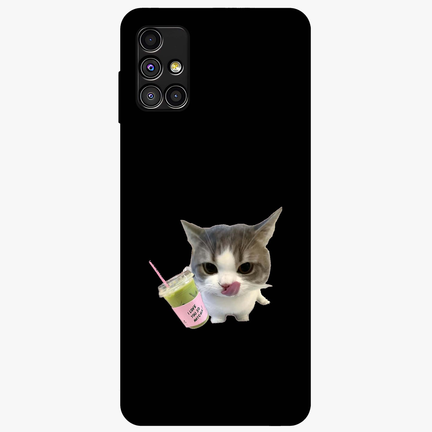 Matcha Cat Style Glass Case showing flat back view with cute matcha themed cat artwork and glossy glass finish.