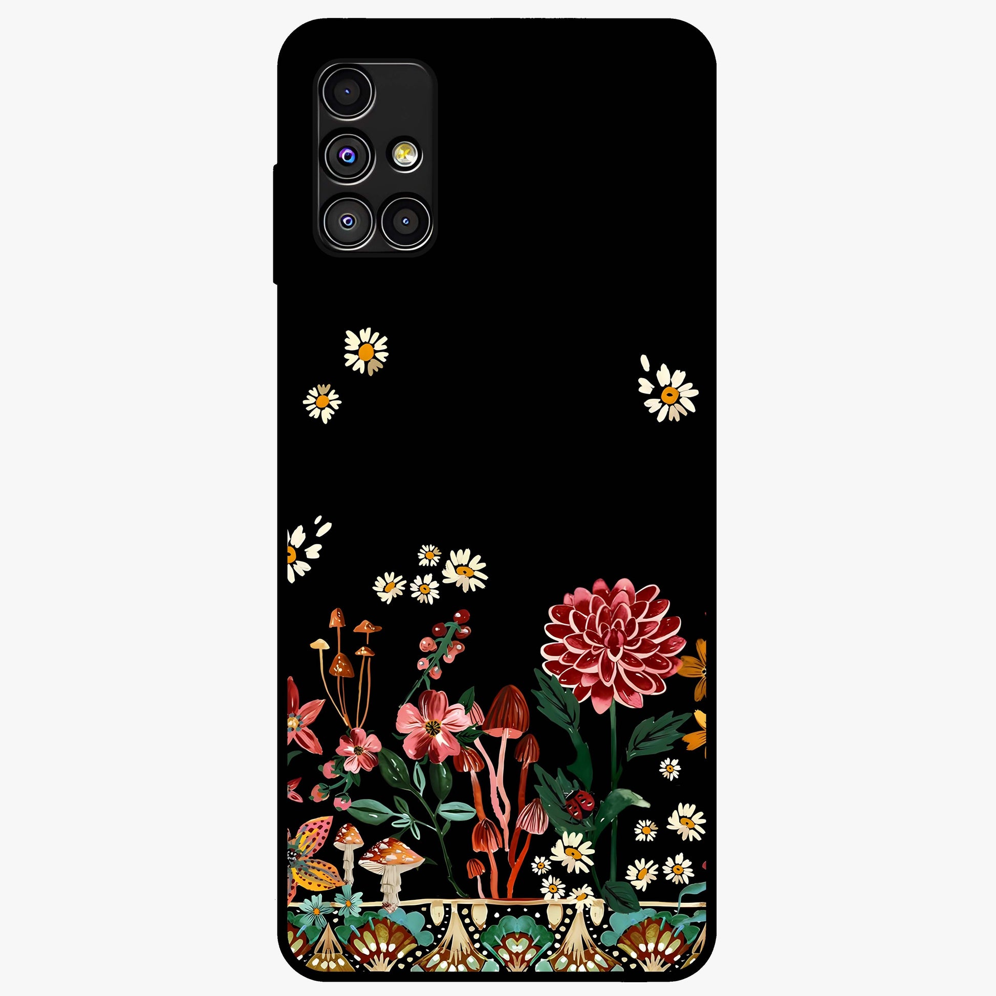 Midnight Bloom Pattern Glass Case showing flat back view with dark floral pattern artwork and glossy glass finish.