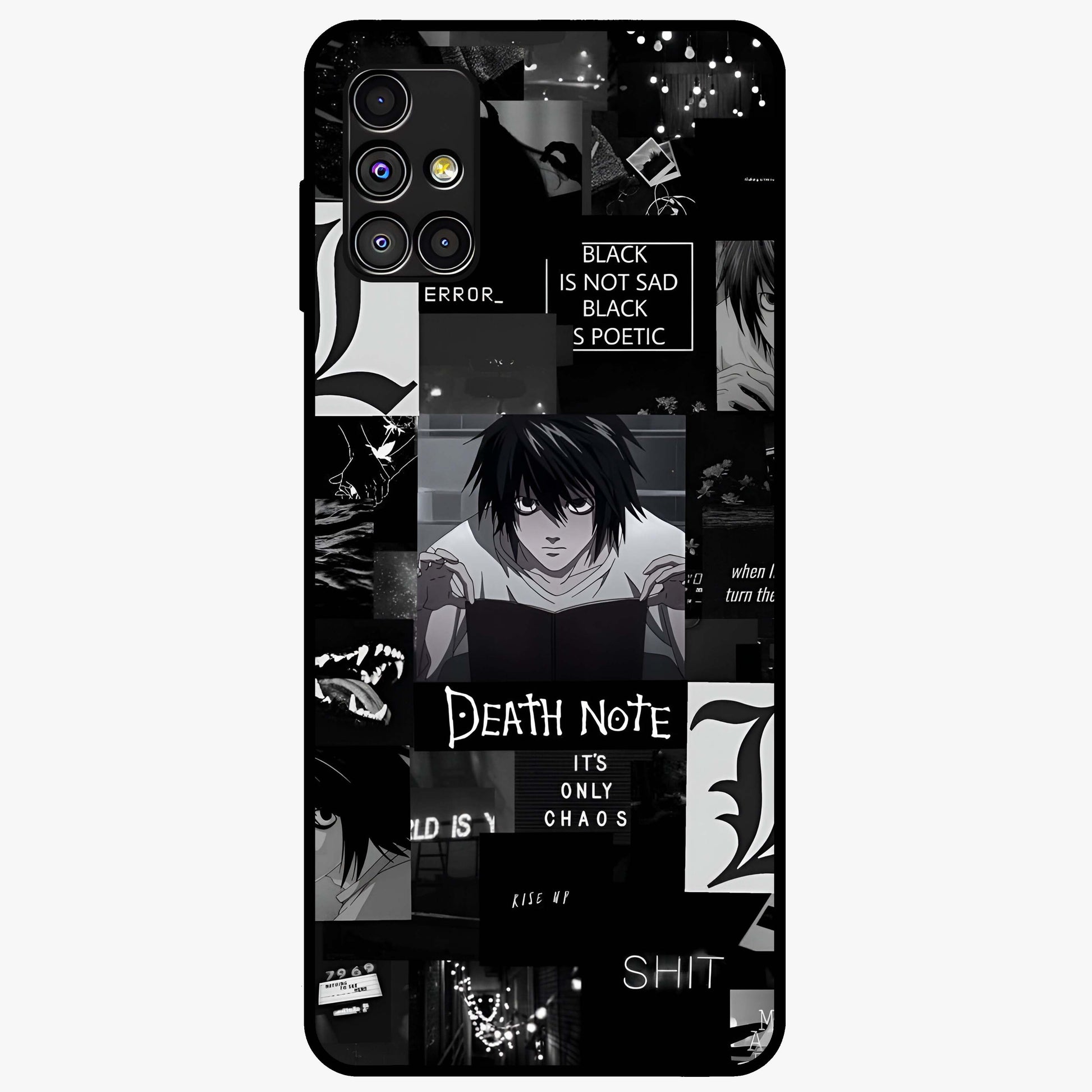 Midnight Chaos Mind Glass Case showing flat back view with abstract dark themed artwork and glossy glass finish.