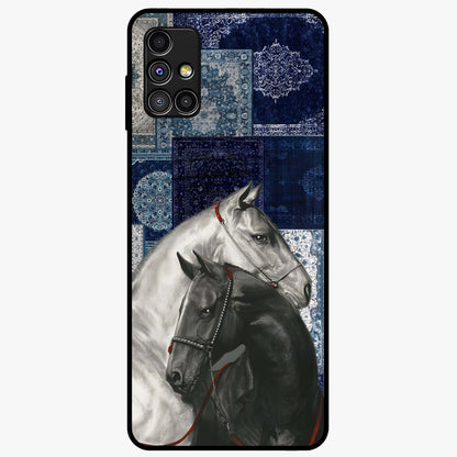 Midnight Stallion Blues Glass Case showing flat back view with majestic horse artwork and glossy glass finish.