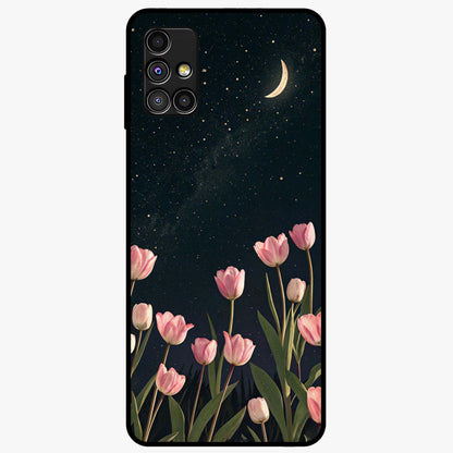 Midnight Tulip Whispers Vibe Glass Case showing flat back view with elegant tulip flower artwork and glossy glass finish.