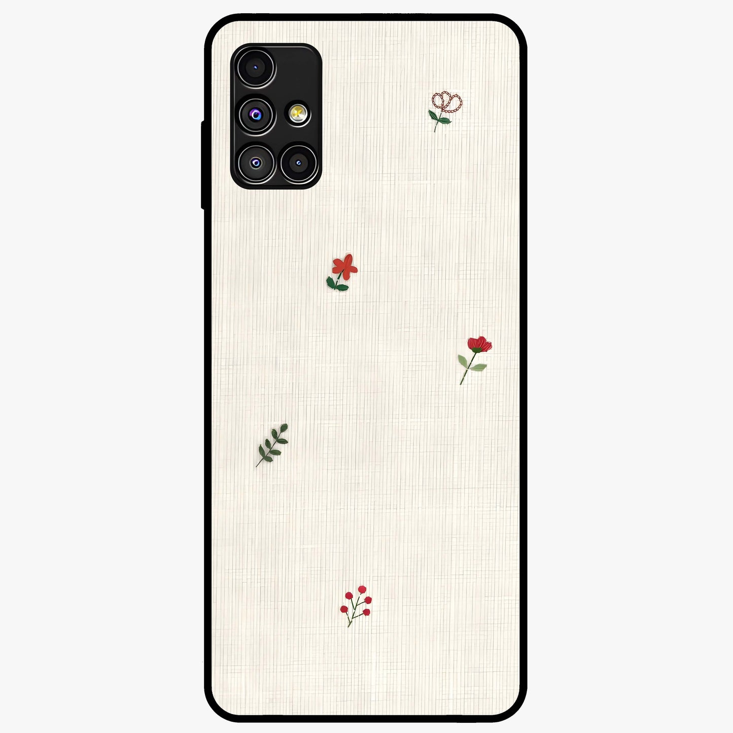 Minimal Petal Whispers Glass Case showing flat back view with soft minimal floral artwork and glossy glass finish.