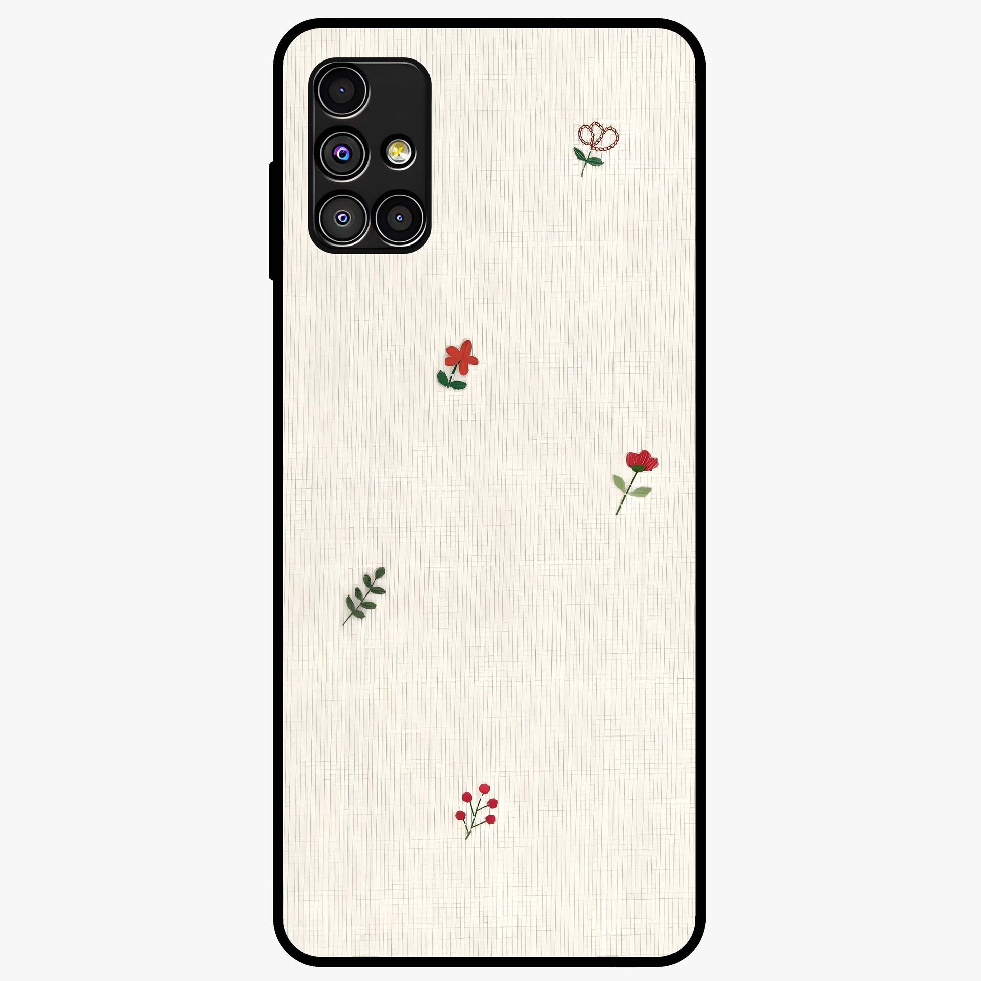 Minimal Petal Whispers Glass Case showing flat back view with soft minimal floral artwork and glossy glass finish.