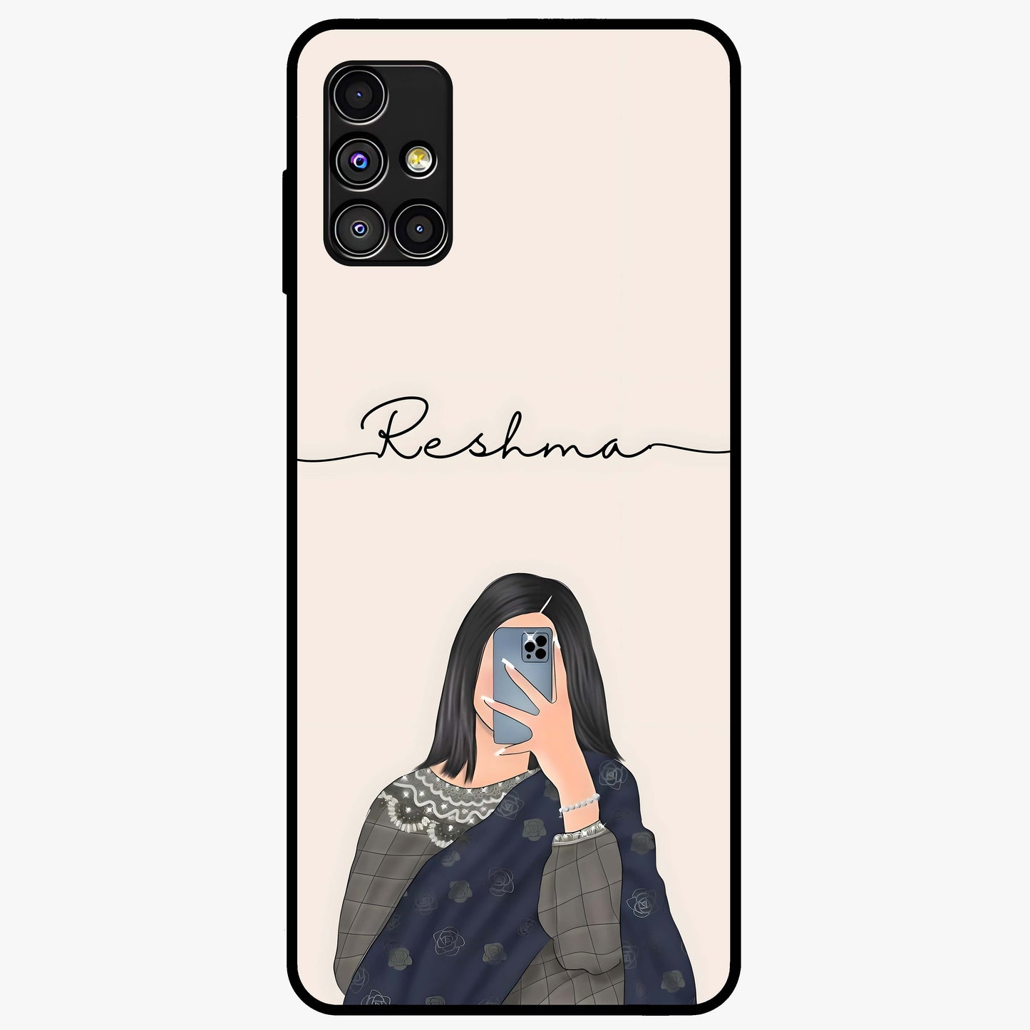 Mirror Mood Muse With Custom Name Glass Case showing flat back view with stylish mirrored artwork and personalized name design.