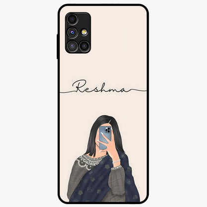 Mirror Mood Muse With Custom Name Glass Case showing flat back view with stylish mirrored artwork and personalized name design.