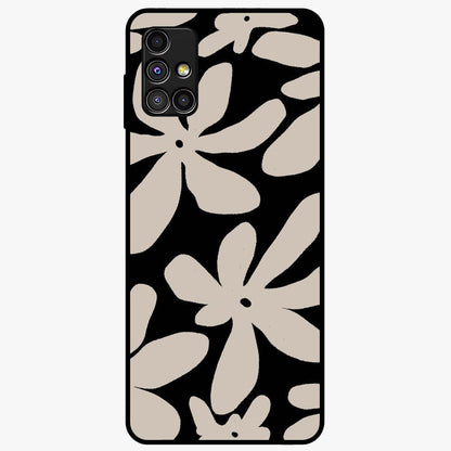Monochrome Petal Dance Glass Case showing flat back view with monochrome floral artwork and glossy glass finish.