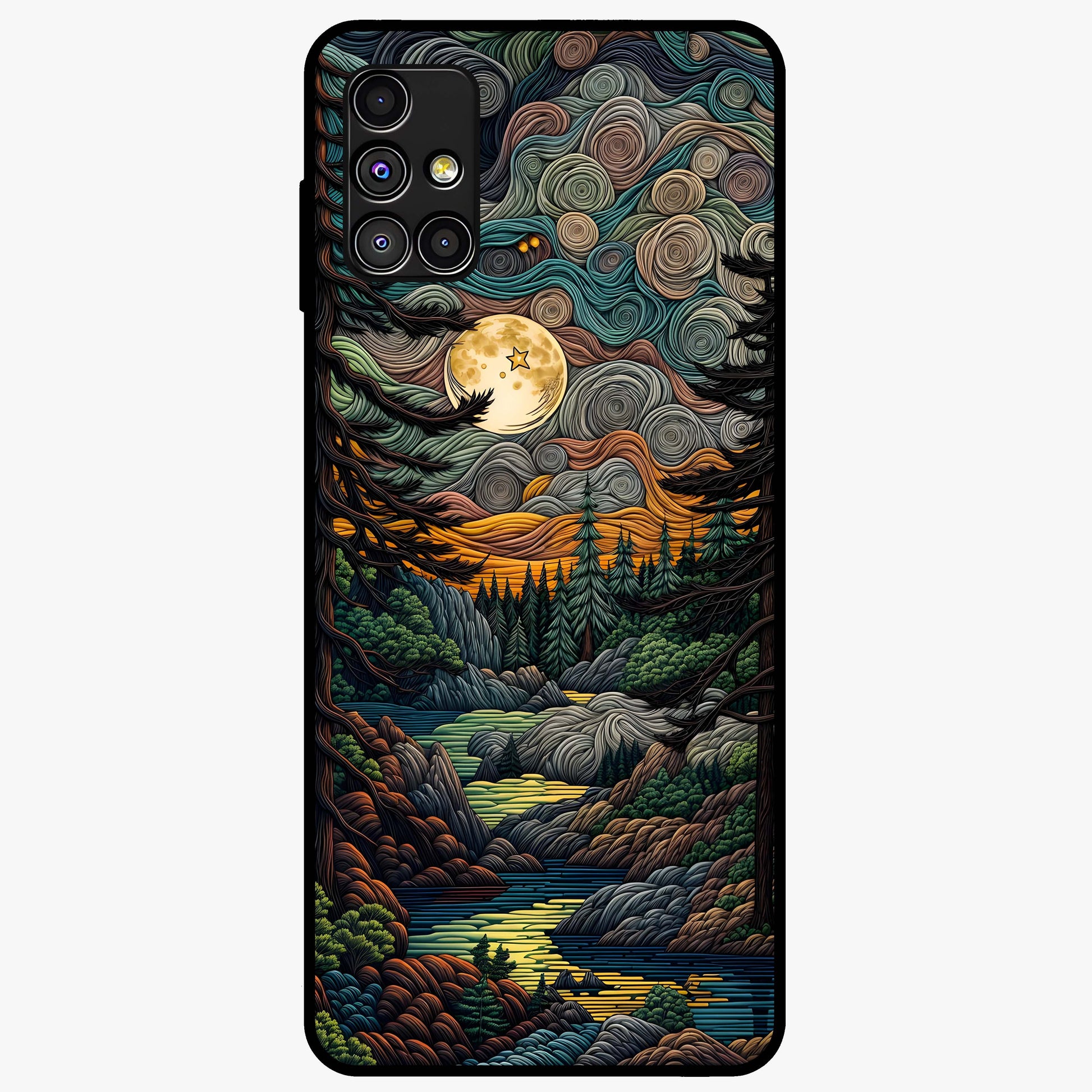 Moonlight Forest Dream Glass Case showing flat back view with mystical forest moonlight artwork and glossy glass finish.
