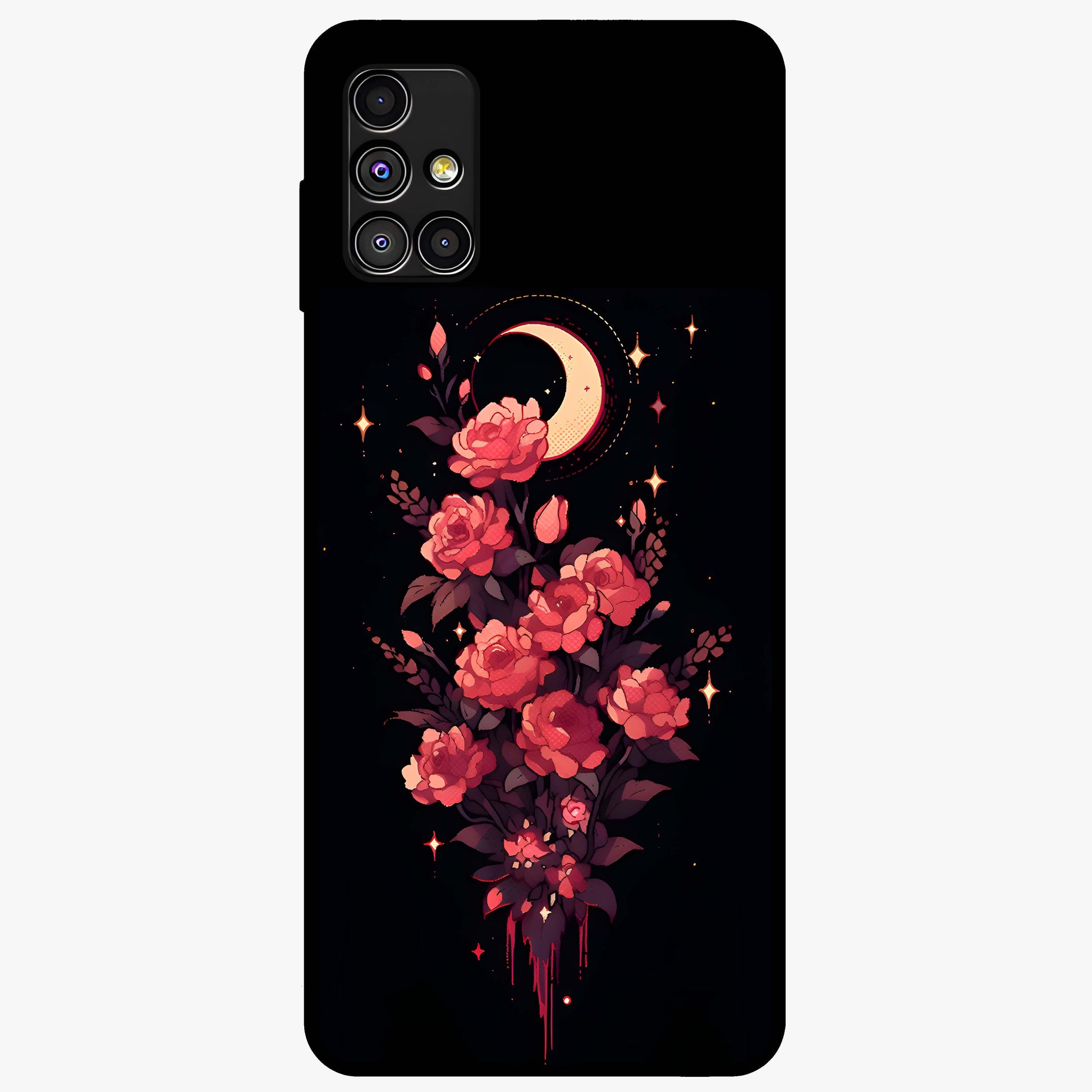 Moonlit Floral Elegance Glass Case showing flat back view with elegant floral artwork under moonlit tones and glossy glass finish.