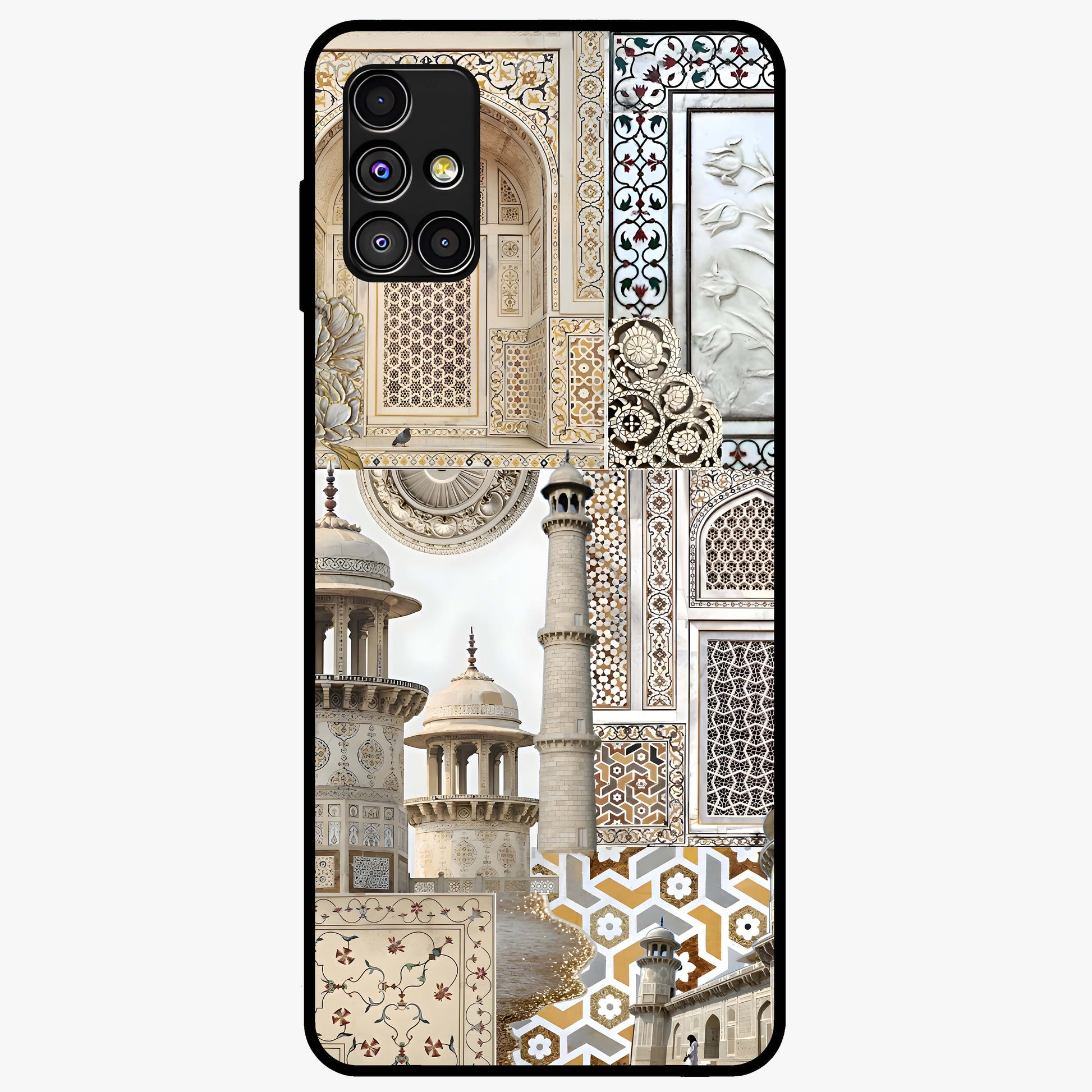Mughal Marble Legacy Glass Case showing flat back view with intricate Mughal inspired marble pattern and glossy glass finish.