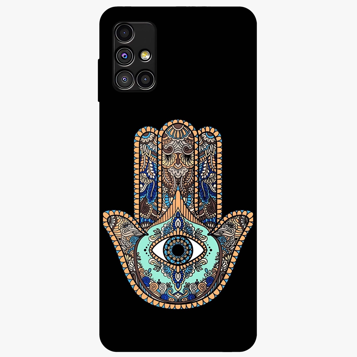 Mystic Hamsa Eye Glass Case showing flat back view with protective hamsa hand and evil eye artwork and glossy glass finish.