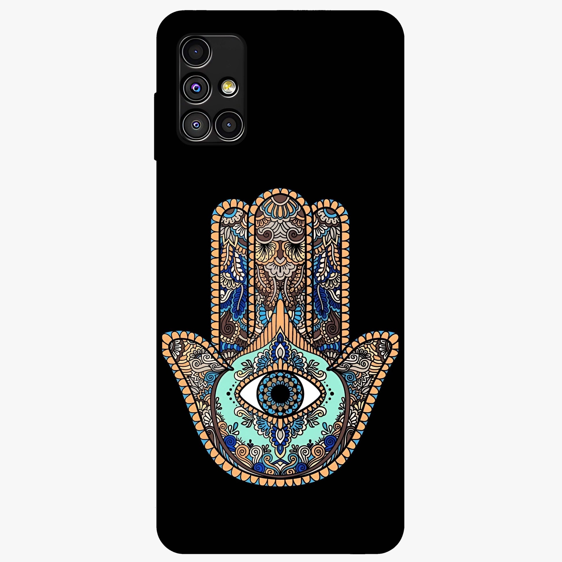 Mystic Hamsa Eye Glass Case showing flat back view with protective hamsa hand and evil eye artwork and glossy glass finish.