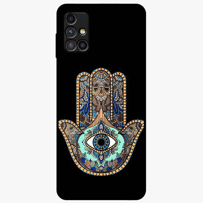 Mystic Hamsa Eye Glass Case showing flat back view with protective hamsa hand and evil eye artwork and glossy glass finish.