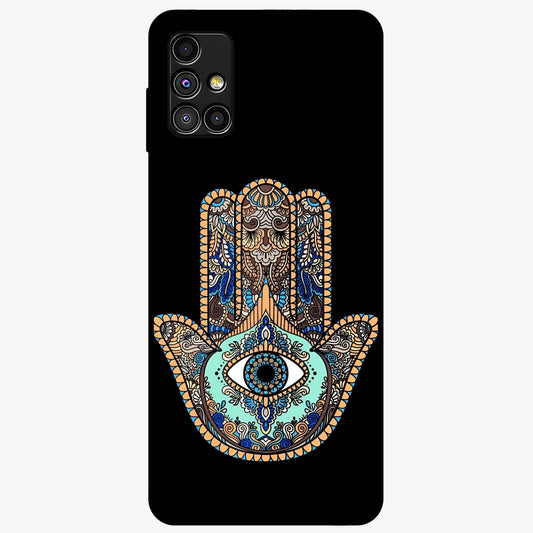 Mystic Hamsa Eye Glass Case showing flat back view with protective hamsa hand and evil eye artwork and glossy glass finish.