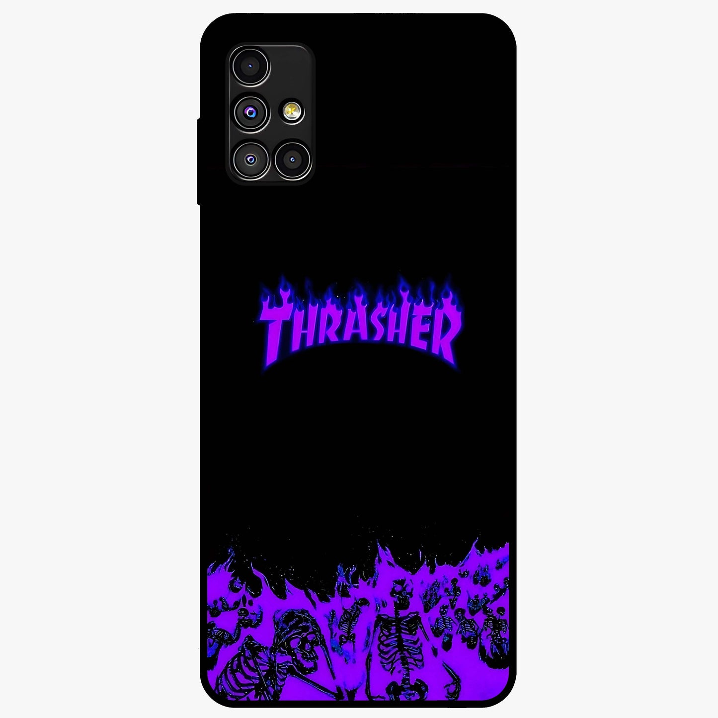 Neon Flame Riot Glass Case showing flat back view with neon flame artwork and glossy glass finish.