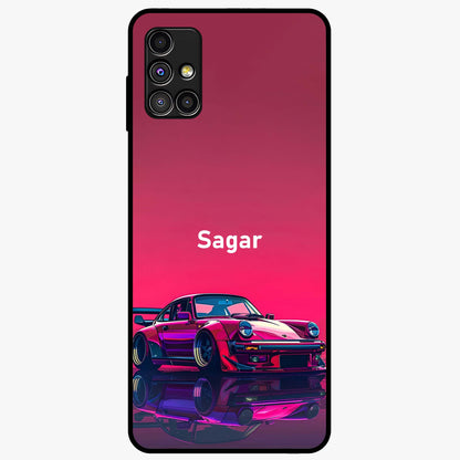 Neon Pink Porsche Glass Case showing flat back view with stylish sports car artwork and glossy glass finish.