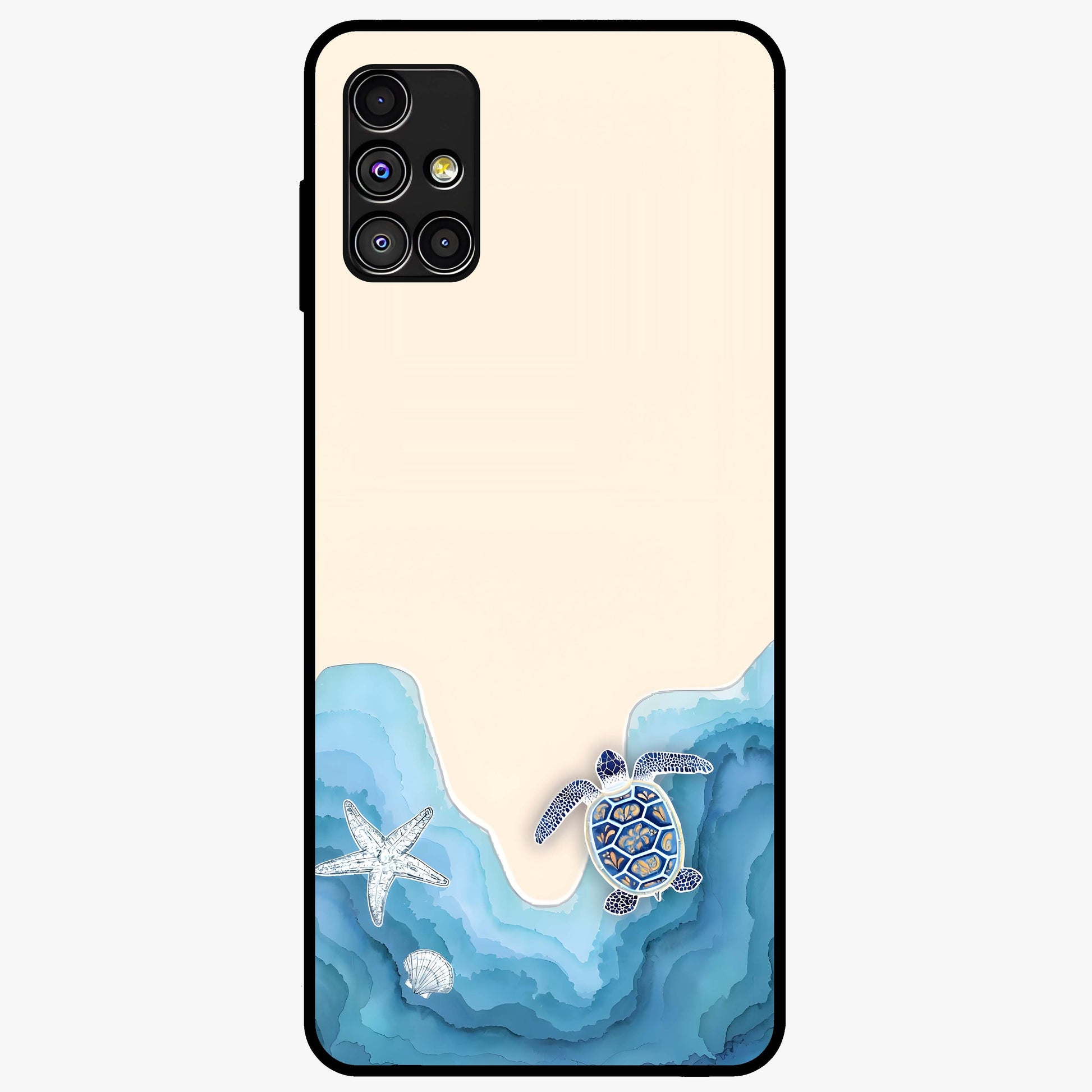 Ocean Drift Turtle Glass Case showing flat back view with sea turtle artwork and glossy glass finish.