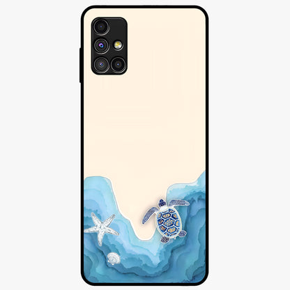 Ocean Drift Turtle Glass Case showing flat back view with sea turtle artwork and glossy glass finish.