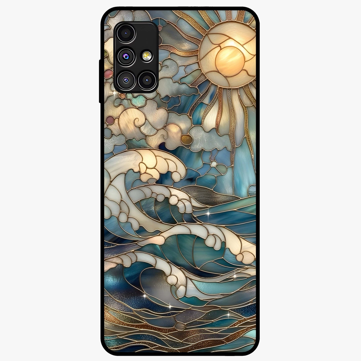 Oceanic Stained Printed Glass Case showing flat back view with ocean inspired stained pattern artwork and glossy glass finish.