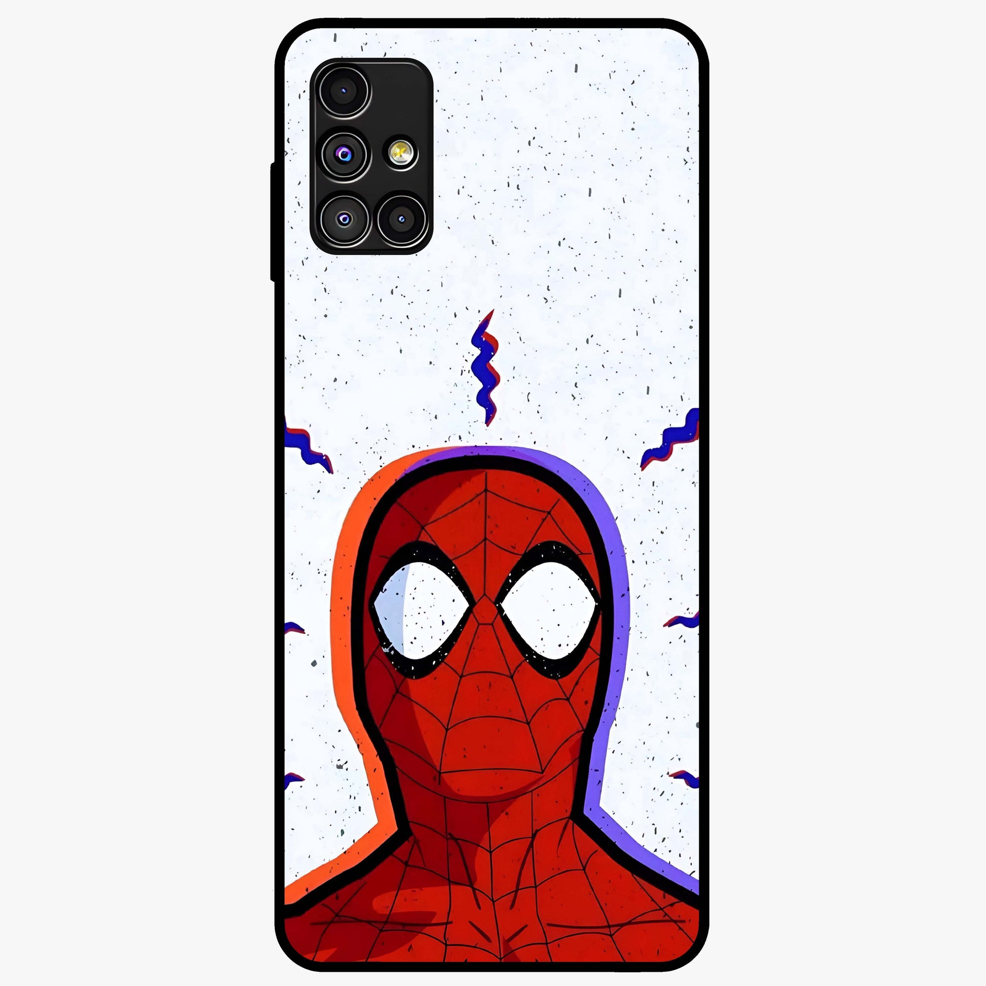 Omg Spiderman Glass Case showing flat back view with bold superhero inspired artwork and glossy glass finish.