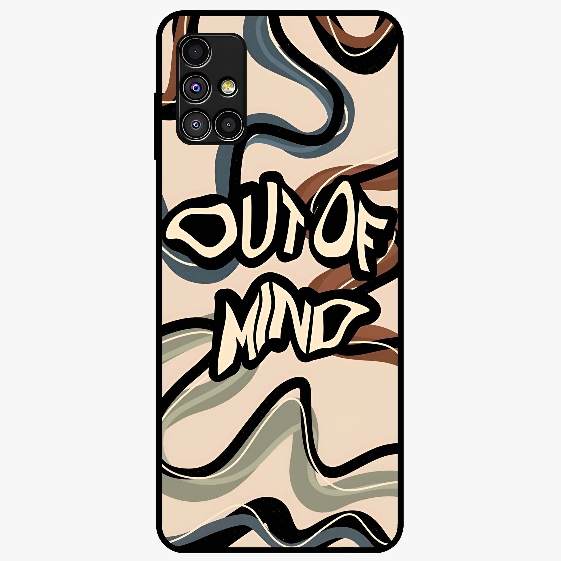 Out Of Mind Glass Case showing flat back view with expressive typography artwork and glossy glass finish.