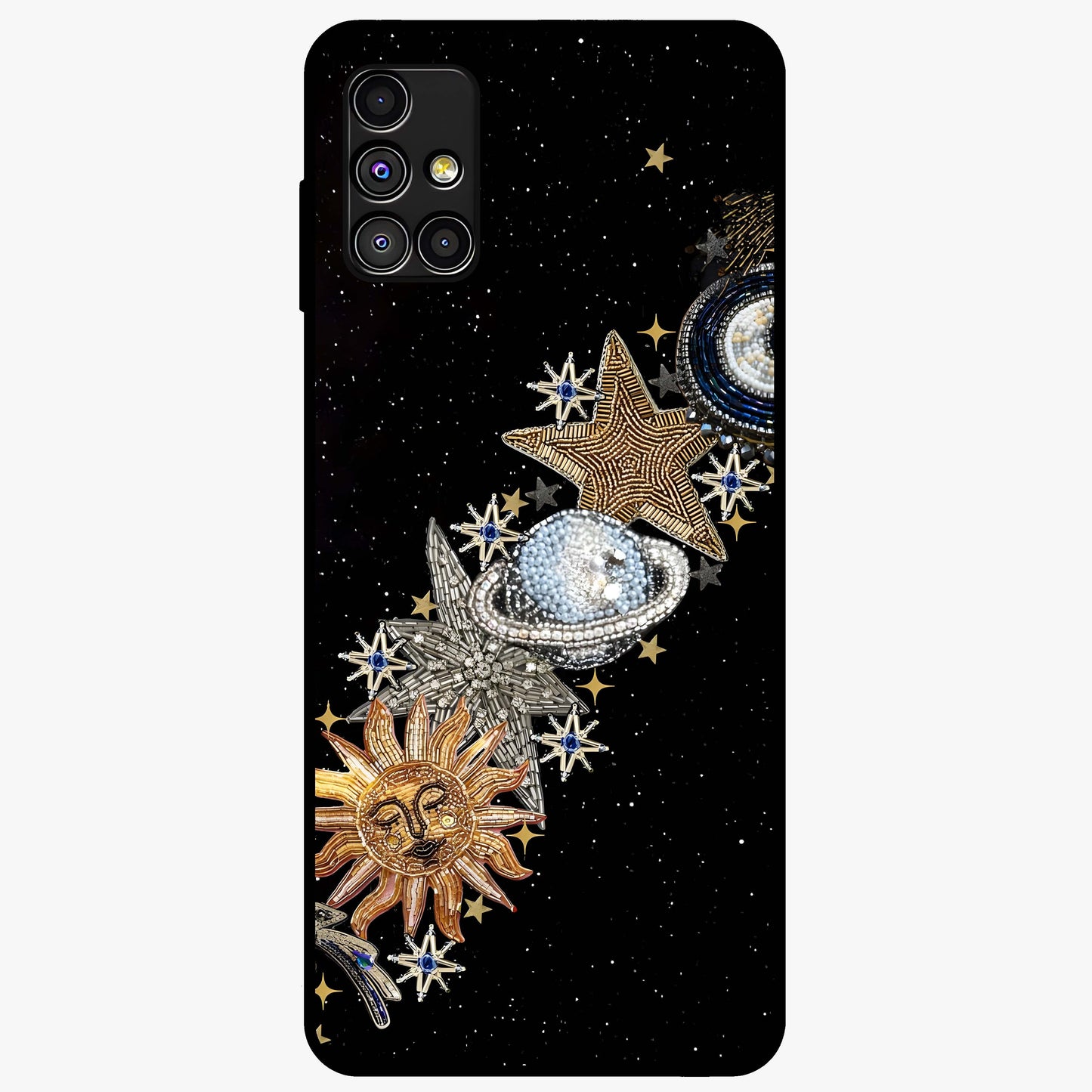 Pearls Universe Object Glass Case showing flat back view with pearl inspired cosmic artwork and glossy glass finish.