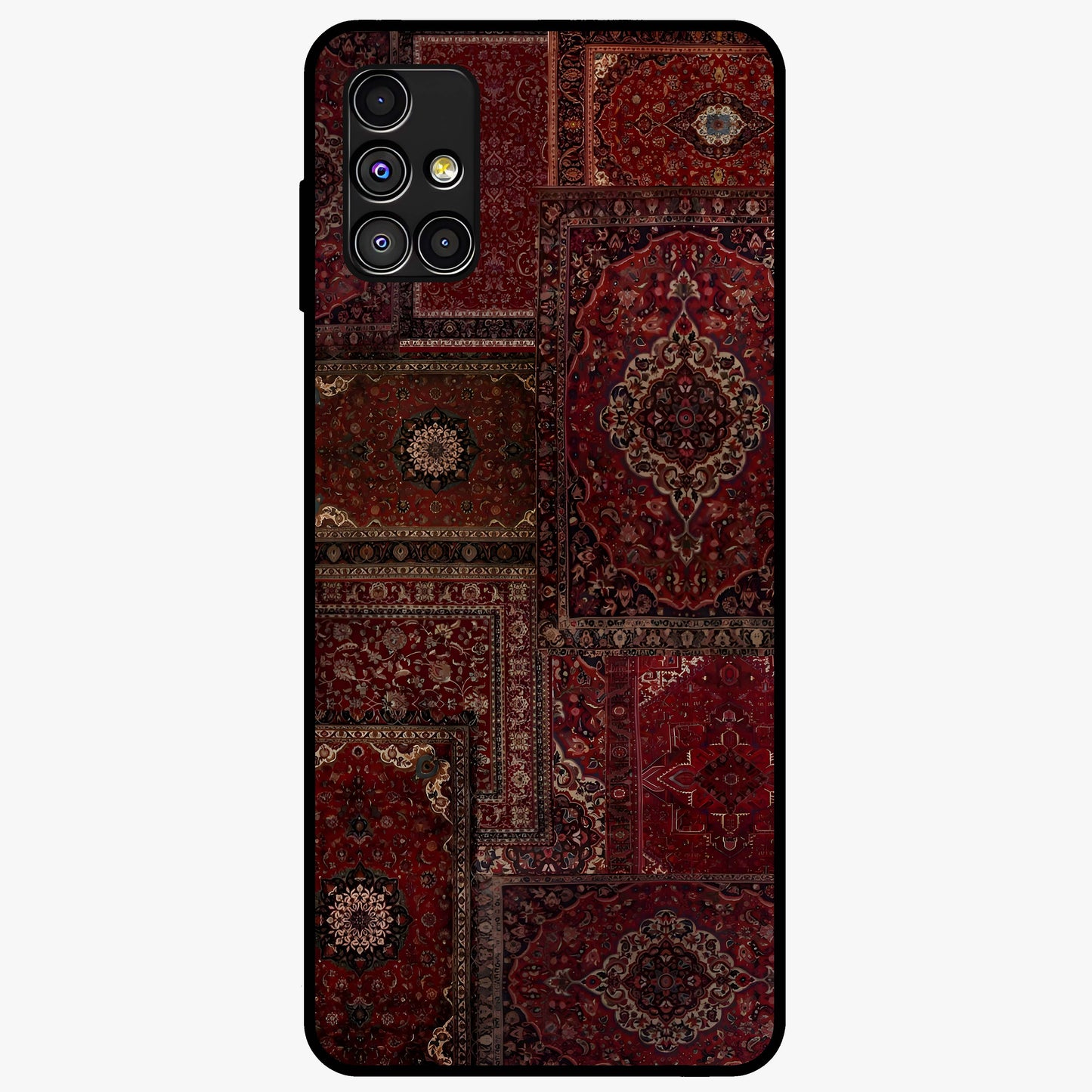 Persian Velvet Tale Glass Case showing flat back view with luxurious Persian velvet pattern artwork and glossy glass finish.