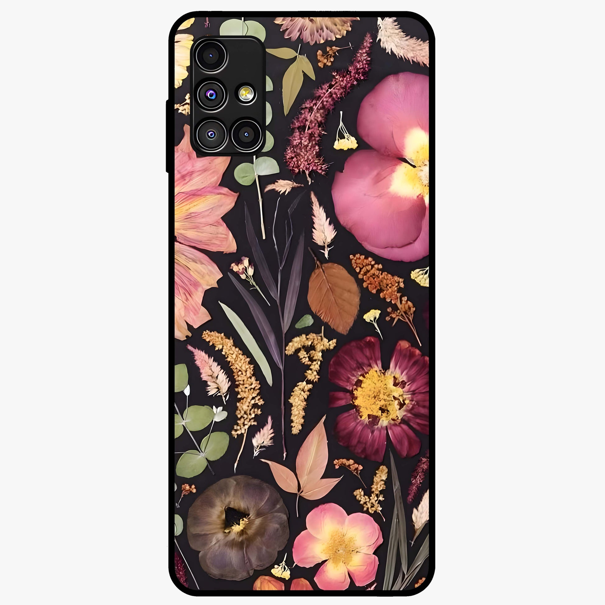 Petal Dream Tapestry Glass Case showing flat back view with intricate floral tapestry artwork and glossy glass finish.