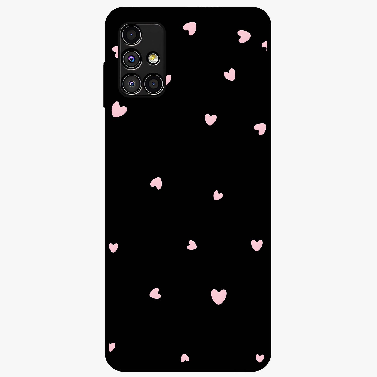 Pink Love Drops Glass Case showing flat back view with playful pink heart drops artwork and glossy glass finish.