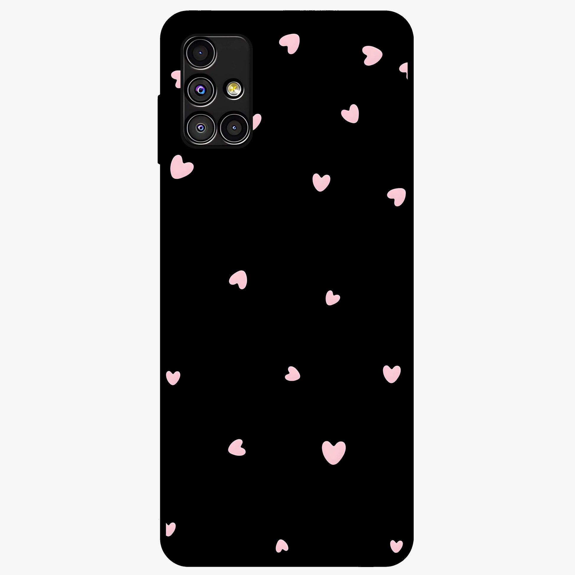 Pink Love Drops Glass Case showing flat back view with playful pink heart drops artwork and glossy glass finish.