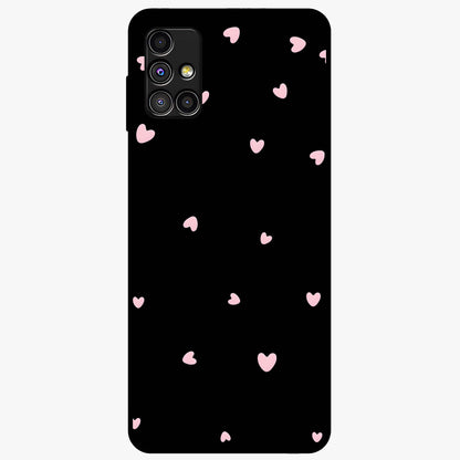 Pink Love Drops Glass Case showing flat back view with playful pink heart drops artwork and glossy glass finish.