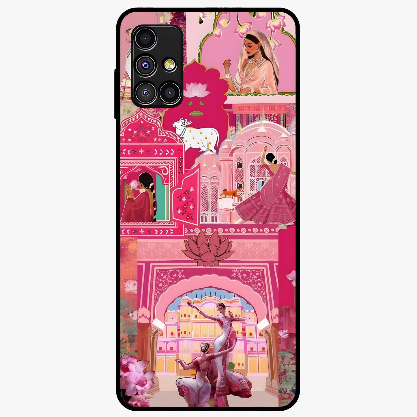 Pink Palace Muse Glass Case showing flat back view with elegant palace inspired artwork and glossy glass finish.