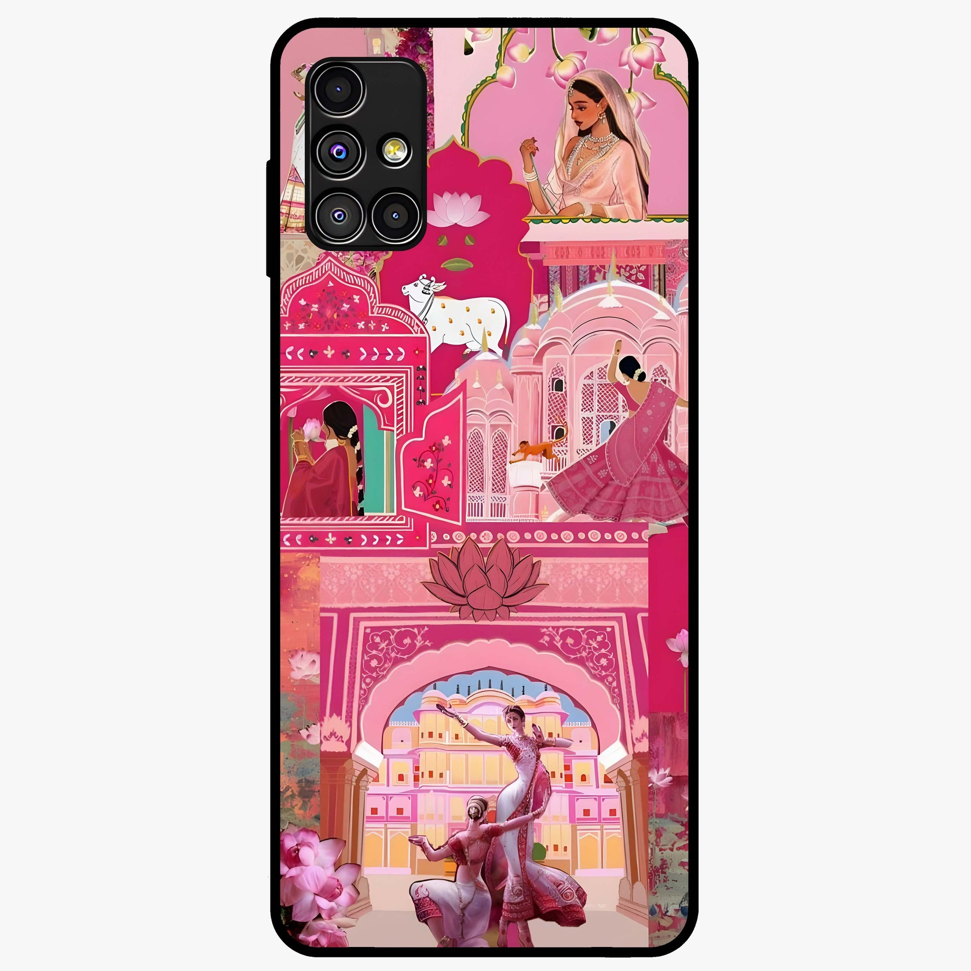 Pink Palace Muse Glass Case showing flat back view with elegant palace inspired artwork and glossy glass finish.